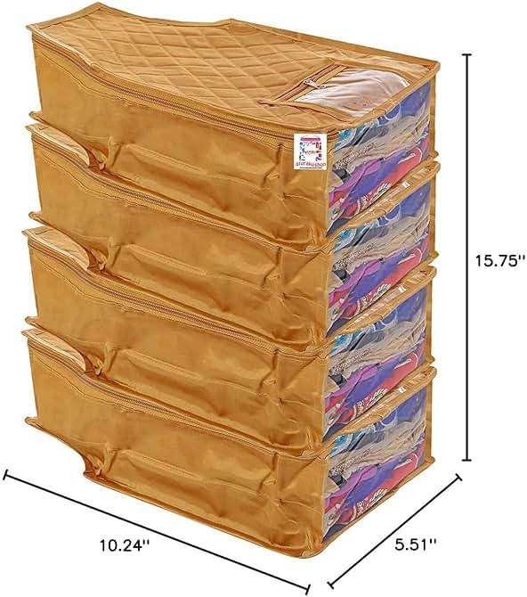 atorakushon 4 Piece Fabric Satin Blouse Cover Clothes Storage Bag Set With Transparent Window Wardrobe Garments Organizers (Golden) - Image 2