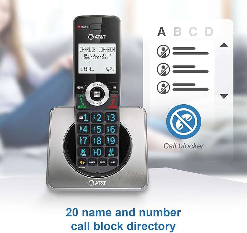 AT&T GL2101-2 DECT 6.0 2-Handset Cordless Phone with Call Block & Caller ID - Full-Duplex Speakerphone, 2" White Backlit Display, Lighted Keypad, Graphite & Black - Image 2
