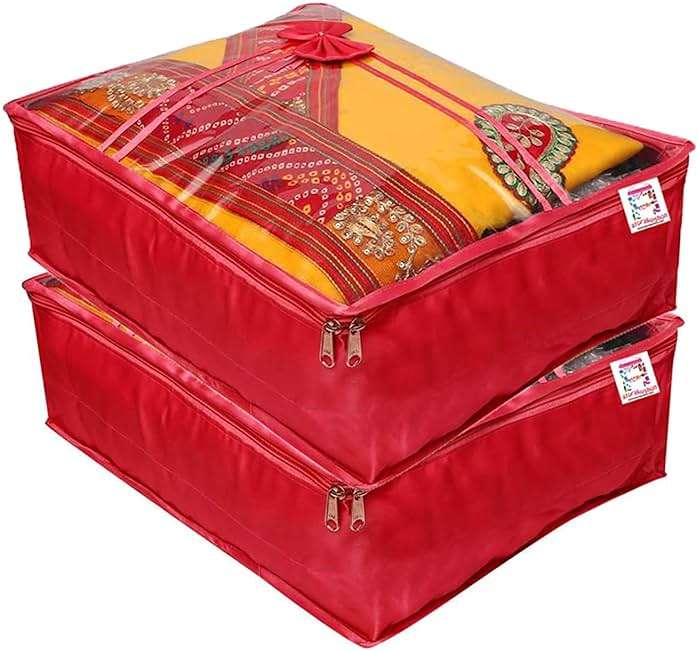 atorakushon 2 Piece Fabric Satin Saree Cover Clothes Storage Bags Set With Transparent Window Extra Large Wardrobe Garments Organizers (Maroon) - Image 1