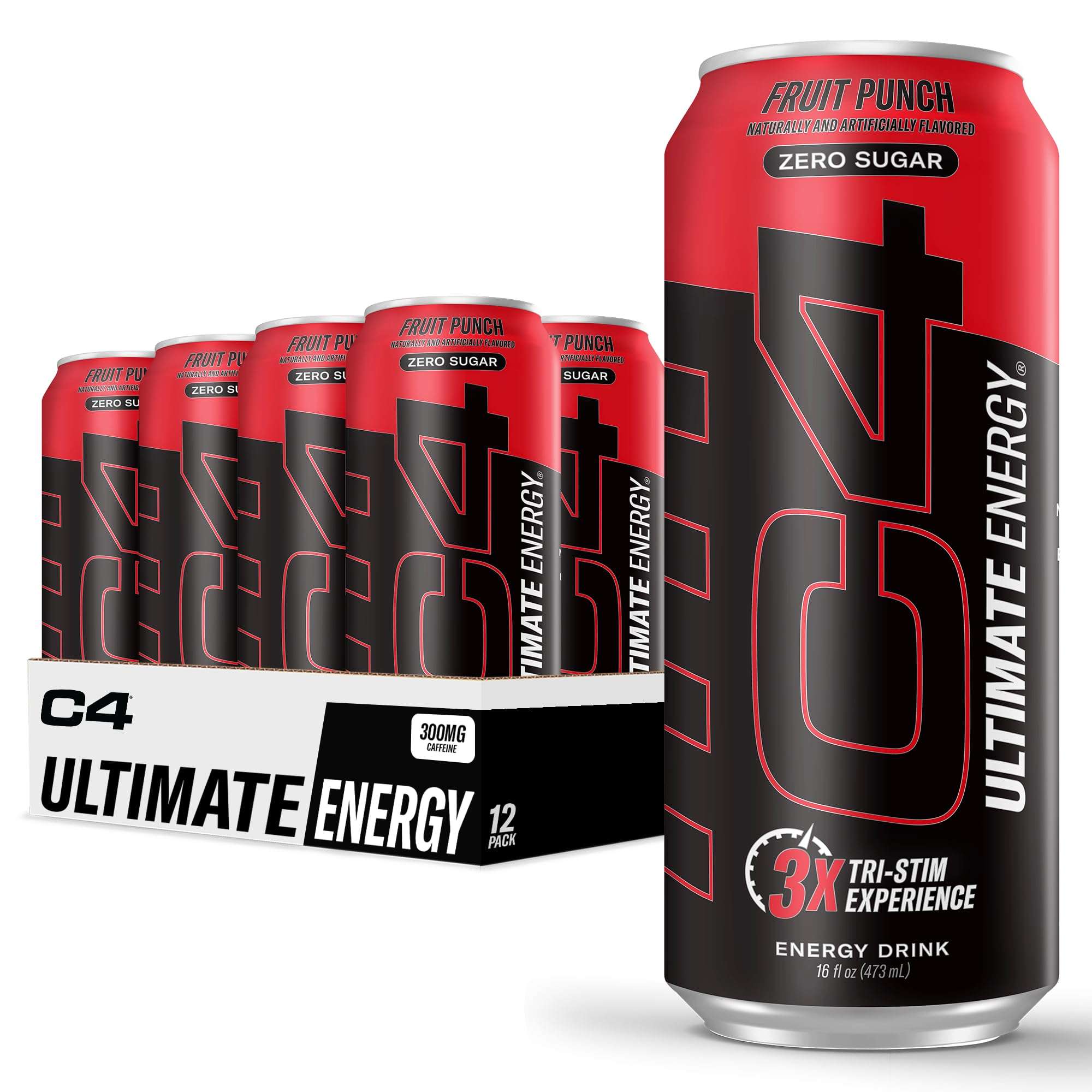 C4 Ultimate Zero Sugar Energy Drink, Tri-Stim Experience with 300mg Caffeine + TeaCrine + Dynamine, Fruit Punch, 16oz (Pack of 12) - Image 1