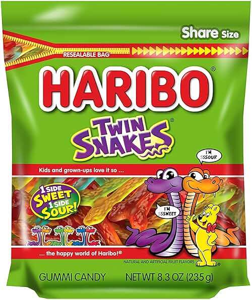 HARIBO Gummi Candy, Twin Snakes Sweet & Sour Gummy Candy, 8.3 Ounce Resealable Share Size Stand Up Bag, Soft & Chewy Snacks, Assorted Fruity Flavors - Image 1