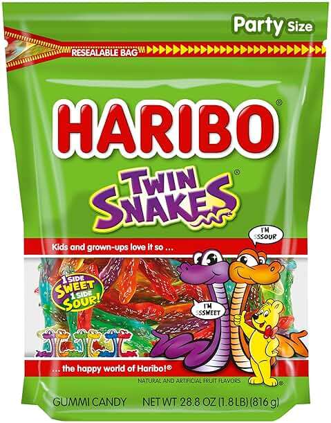 HARIBO Gummi Candy, Twin Snakes Sweet & Sour Gummy Candy, 28.8 Ounce Resealable Party Size Stand Up Bag, Soft & Chewy Snacks, Assorted Fruity Flavors - Image 1