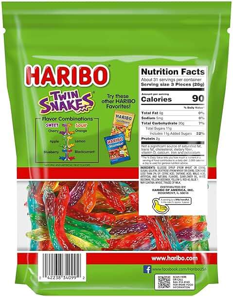 HARIBO Gummi Candy, Twin Snakes Sweet & Sour Gummy Candy, 28.8 Ounce Resealable Party Size Stand Up Bag, Soft & Chewy Snacks, Assorted Fruity Flavors - Image 2