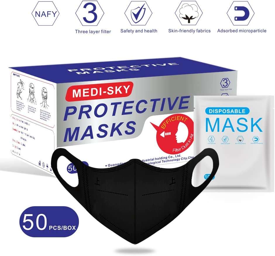 Medi-sky 3D Disposable Mask for Adults, Elastic Cloth Ear Straps Breathable Face Mask Individual Package 50pcs Black - Image 4