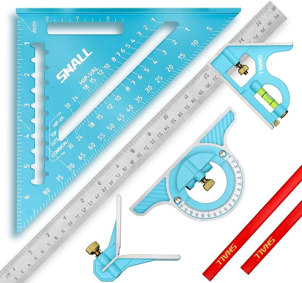SHALL Rafter Square & Combination Square Tool Set, 7 Inch Aluminium-Alloy Carpenter Square & 16 Inch Zinc-Alloy Woodworking Framing Combo w/Stainless Steel Ruler, 2 Carpentry Pencils, Scriber - Image 1