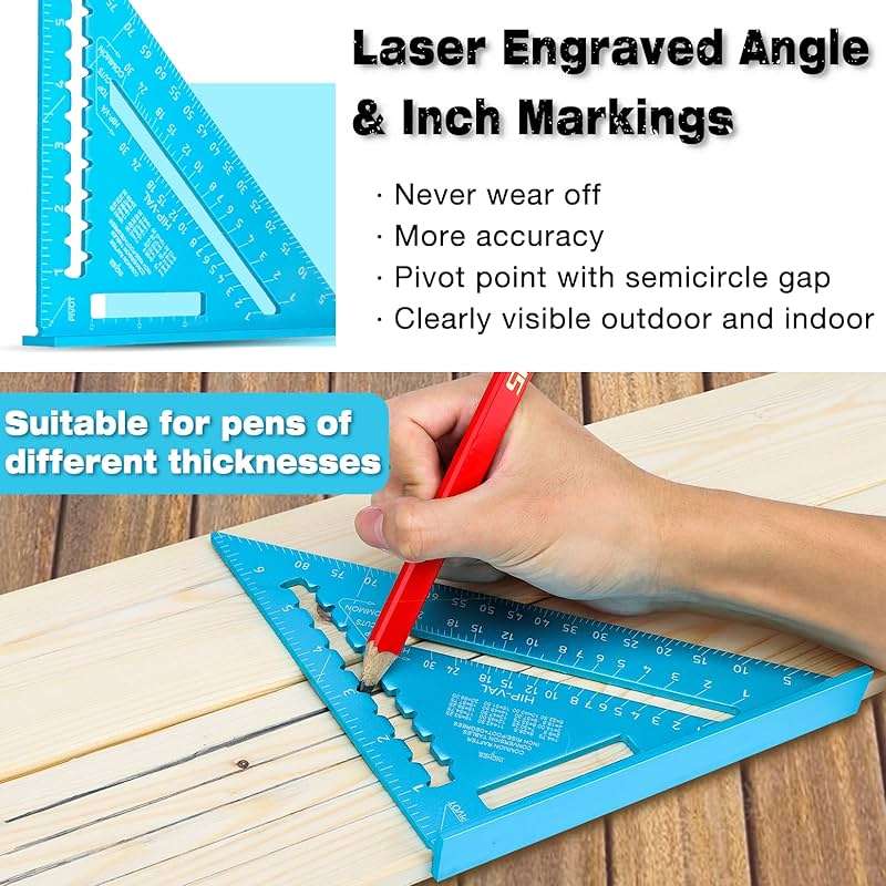 SHALL Rafter Square & Combination Square Tool Set, 7 Inch Aluminium-Alloy Carpenter Square & 16 Inch Zinc-Alloy Woodworking Framing Combo w/Stainless Steel Ruler, 2 Carpentry Pencils, Scriber - Image 3