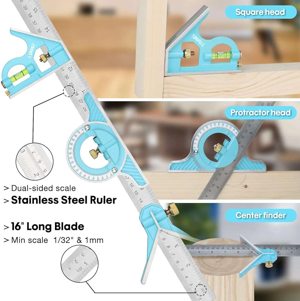 SHALL Rafter Square & Combination Square Tool Set, 7 Inch Aluminium-Alloy Carpenter Square & 16 Inch Zinc-Alloy Woodworking Framing Combo w/Stainless Steel Ruler, 2 Carpentry Pencils, Scriber - Image 4