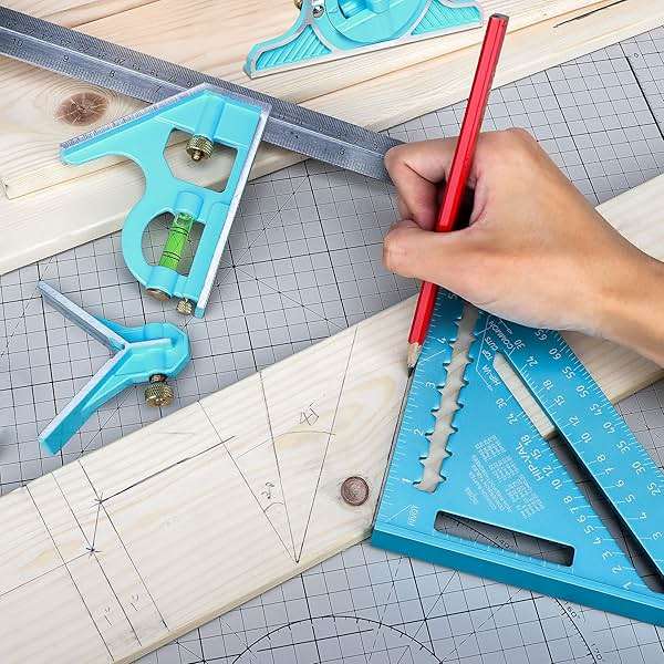 SHALL Rafter Square & Combination Square Tool Set, 7 Inch Aluminium-Alloy Carpenter Square & 16 Inch Zinc-Alloy Woodworking Framing Combo w/Stainless Steel Ruler, 2 Carpentry Pencils, Scriber - Image 6