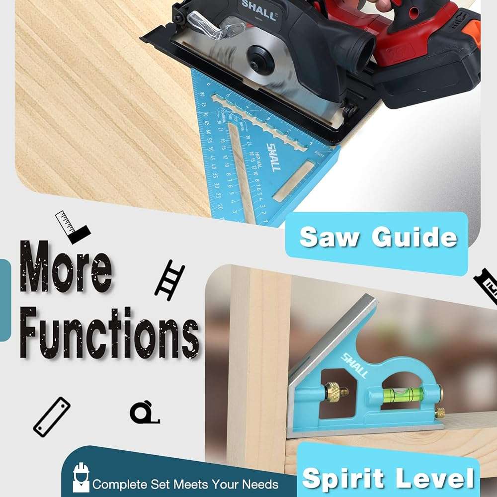 SHALL Rafter Square & Combination Square Tool Set, 7 Inch Aluminium-Alloy Carpenter Square & 16 Inch Zinc-Alloy Woodworking Framing Combo w/Stainless Steel Ruler, 2 Carpentry Pencils, Scriber - Image 7