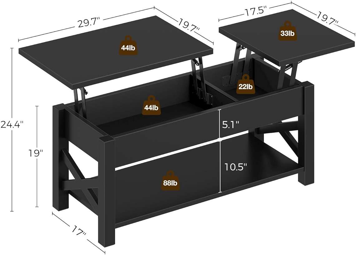 Rolanstar Coffee Table 47.2", 2 Way Lift Top Farmhouse Center Table with Hidden Compartment, Open Shelf & X Wooden Support for Living Room, Black - Image 3