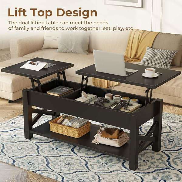 Rolanstar Coffee Table 47.2", 2 Way Lift Top Farmhouse Center Table with Hidden Compartment, Open Shelf & X Wooden Support for Living Room, Black - Image 5