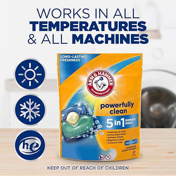 ARM & HAMMER Clean Burst 5-in-1 Laundry Detergent Power Paks, Powerfully Clean, Clean Burst Scent, 42 Count - Image 7