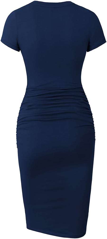 Missufe Women's Short Sleeve Ruched Casual Sundress Midi Bodycon T Shirt Dress - Image 2