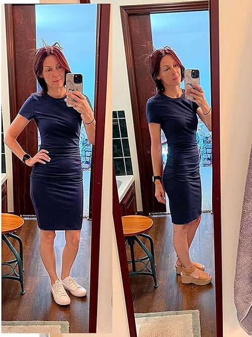 Missufe Women's Short Sleeve Ruched Casual Sundress Midi Bodycon T Shirt Dress - Image 3