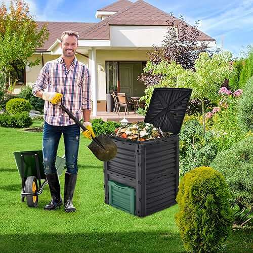 Goplus Compost Bin, 80 Gallon (300 L) Large Outdoor Composting Box w/Top Flip Latch-on Lid, Bottom Exit Door, BPA Free Material, Grass Food Trash Composter Barrel for Garden Yard, Easy Assembly - Image 2