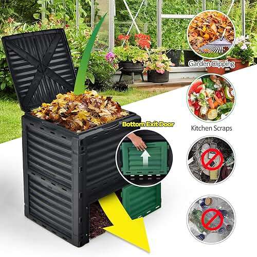 Goplus Compost Bin, 80 Gallon (300 L) Large Outdoor Composting Box w/Top Flip Latch-on Lid, Bottom Exit Door, BPA Free Material, Grass Food Trash Composter Barrel for Garden Yard, Easy Assembly - Image 5