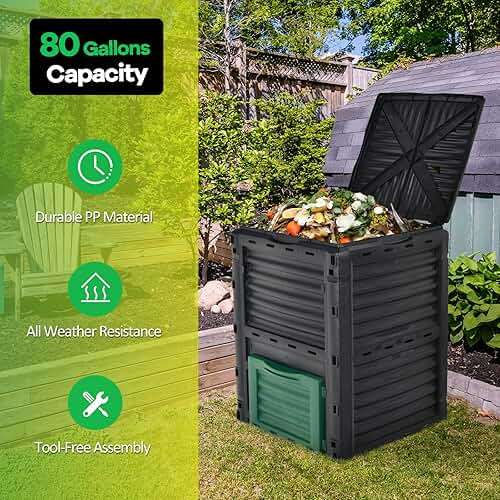 Goplus Compost Bin, 80 Gallon (300 L) Large Outdoor Composting Box w/Top Flip Latch-on Lid, Bottom Exit Door, BPA Free Material, Grass Food Trash Composter Barrel for Garden Yard, Easy Assembly - Image 7