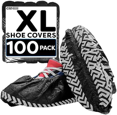 GSD Brand 100 Pack Extra Large Black Shoe Covers Disposable - Non Slip Indoor Reusable Boot Covers - Shoe Booties Disposable - Non Skid Treads - Fits US Men's Size 14 and Women's 16 - Image 1
