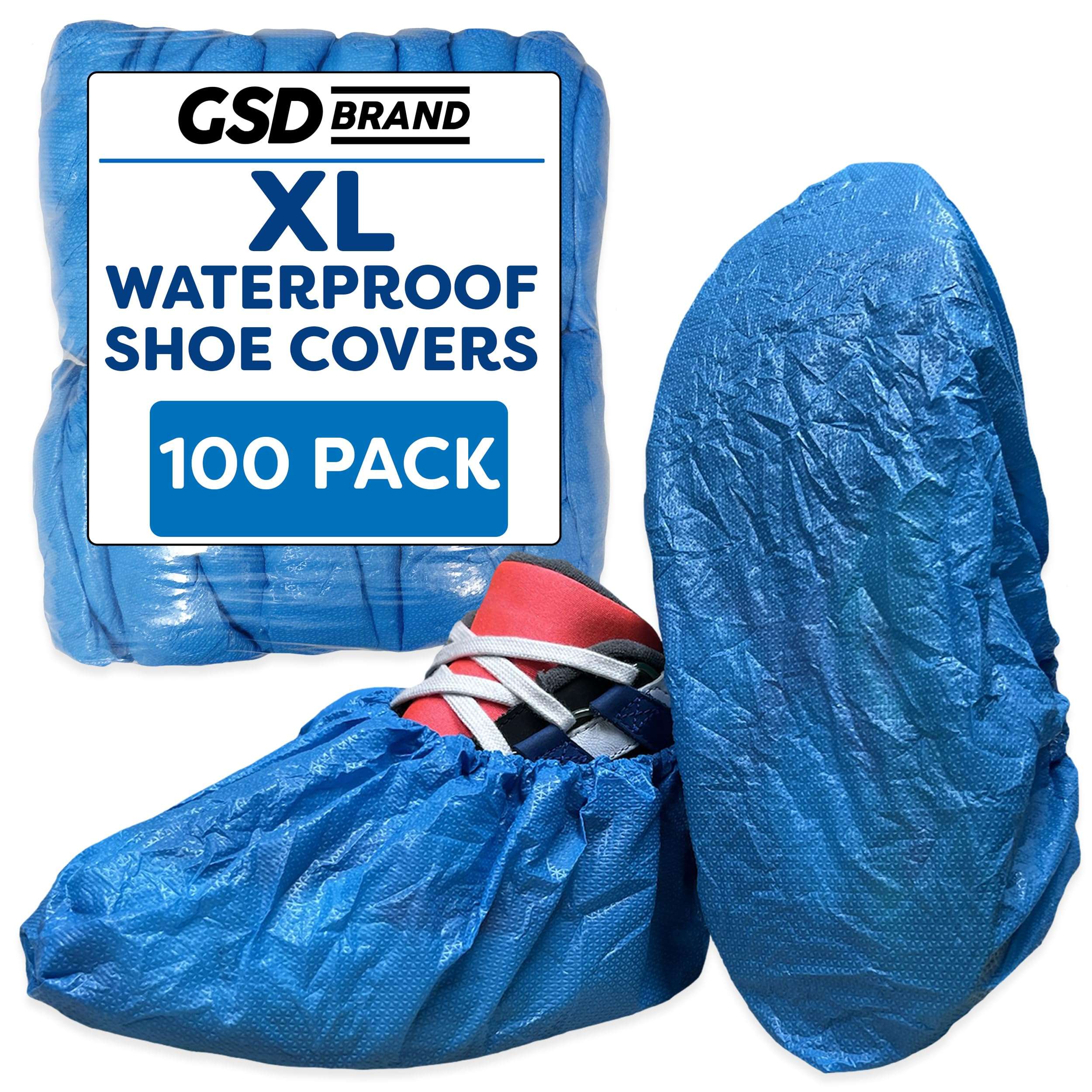 GSD Brand 100 Pack Extra Large Blue Disposable Shoe Covers - Non Slip Indoors Reusable Waterproof Shoe Covers Disposable - Indoor Booties with Non Skid Treads - Waterproof Booties for Boots - Image 1
