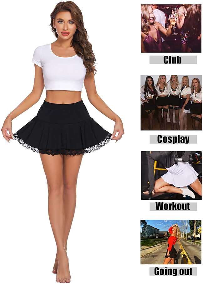 Avidlove Women Pleated Mini Skirt Sexy Lace Ruffle Solid Skirt Lingerie Short Skirts - Image 2