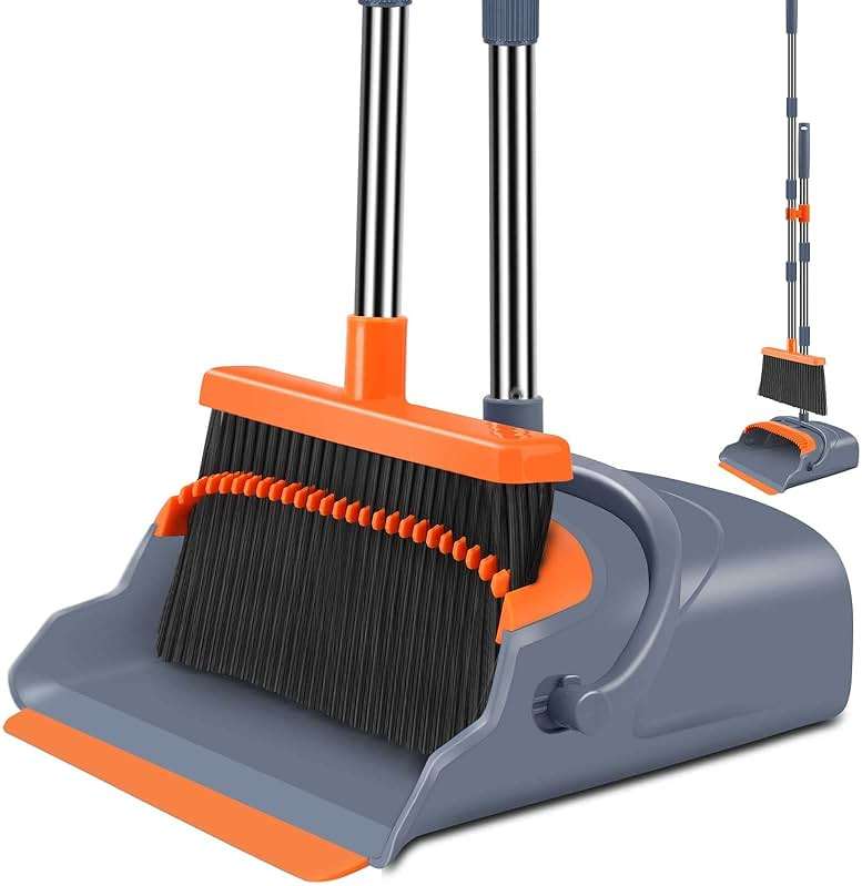 kelamayi Upgrade Broom and Dustpan Set, Self-Cleaning with Dustpan Teeth, Indoor&Outdoor Sweeping, Ideal for Dog Cat Pets Home Use, Stand Up Broom and Dustpan (Gray&Orange) - Image 1