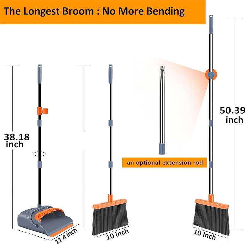 kelamayi Upgrade Broom and Dustpan Set, Self-Cleaning with Dustpan Teeth, Indoor&Outdoor Sweeping, Ideal for Dog Cat Pets Home Use, Stand Up Broom and Dustpan (Gray&Orange) - Image 3