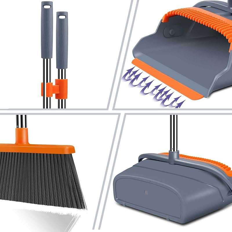kelamayi Upgrade Broom and Dustpan Set, Self-Cleaning with Dustpan Teeth, Indoor&Outdoor Sweeping, Ideal for Dog Cat Pets Home Use, Stand Up Broom and Dustpan (Gray&Orange) - Image 4