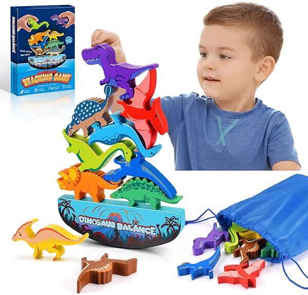 IPOURUP Dinosaur Toys for Kids 3-5: Wooden Stacking Montessori Toys for 3 4 5 6 7 8 Year Old Boys Girls Birthday Gifts for Kid Ages 4-8 Balance Competition Game for Family Stocking Stuffers - Image 1
