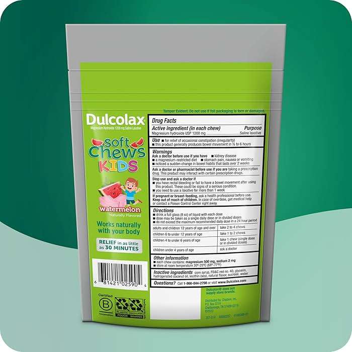 Dulcolax Kids Saline Laxative Soft Chews, Stimulant-Free Laxatives, Gentle Constipation Relief for Kids, Softens Stool, Watermelon Flavor, Magnesium Hydroxide 1200 mg, 15 Count - Image 3