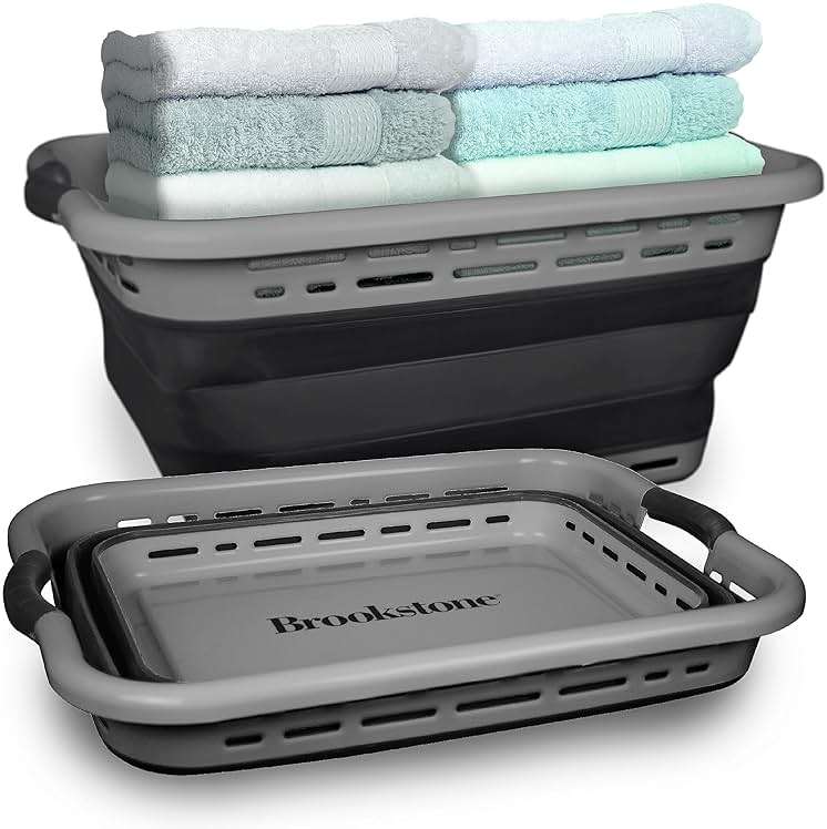 BROOKSTONE 11 GALLON XL 24" Collapsible Laundry Basket & Clothes Hamper, Comfort Non-Slip Handles, Modern Laundry Hamper with Space Saving Design, Portable Pop-Up Hamper, BPA FREE, Grey, 1 Pack - Image 1