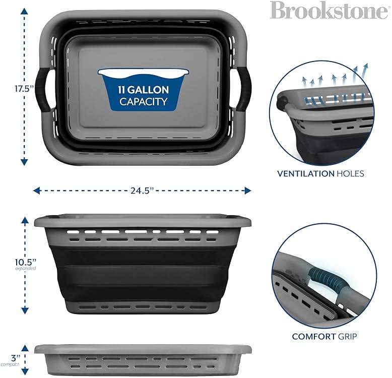 BROOKSTONE 11 GALLON XL 24" Collapsible Laundry Basket & Clothes Hamper, Comfort Non-Slip Handles, Modern Laundry Hamper with Space Saving Design, Portable Pop-Up Hamper, BPA FREE, Grey, 1 Pack - Image 6