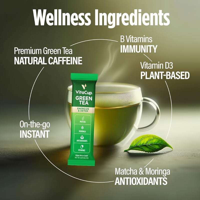 VitaCup Green Tea Instant Packets, Enhance Energy & Detox with Matcha, Moringa, B Vitamins, D3, Fiber, Keto, Paleo, Vegan in Tea Powder Single Serving Sticks, 24 Ct - Image 3