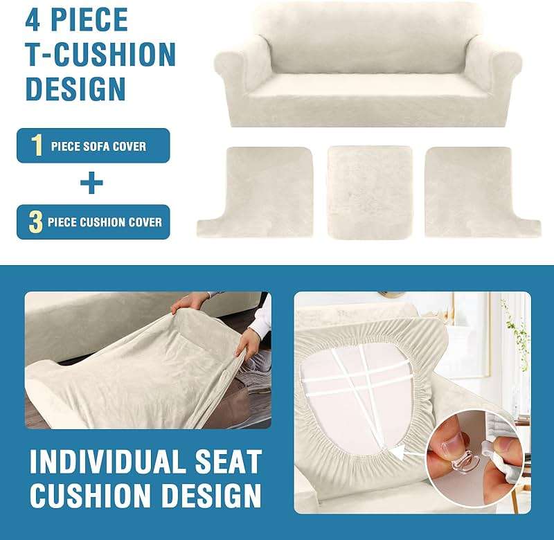H.VERSAILTEX Sofa Cover 4 Piece T Cushion Sofa Slipcovers Couch Cover Furniture Protector Stretch T Cushion Sofa Covers for 3 Cushion Couch with 3 Individual T Cushion Covers, Ivory - Image 4