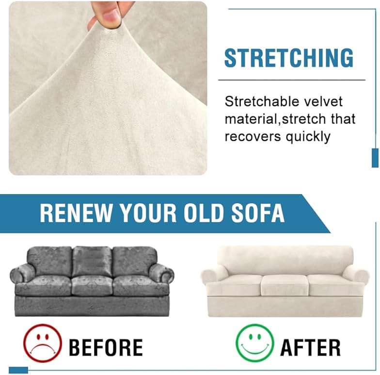 H.VERSAILTEX Sofa Cover 4 Piece T Cushion Sofa Slipcovers Couch Cover Furniture Protector Stretch T Cushion Sofa Covers for 3 Cushion Couch with 3 Individual T Cushion Covers, Ivory - Image 5