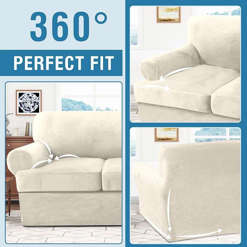 H.VERSAILTEX Sofa Cover 4 Piece T Cushion Sofa Slipcovers Couch Cover Furniture Protector Stretch T Cushion Sofa Covers for 3 Cushion Couch with 3 Individual T Cushion Covers, Ivory - Image 7