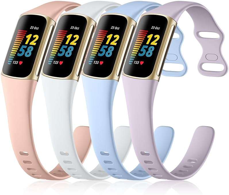 GEAK 4 Pack Slim Band Compatible with Fitbit Charge 5/Charge 6 Bands Women Men, Soft Silicone Sport Replacement Wristbands for Fitbit Charge 5/Charge 6 Fitness Tracker, Pink/Lilac/White/Lavender - Image 1