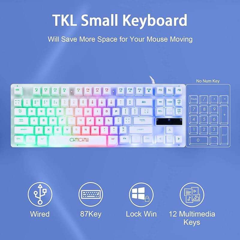 CHONCHOW 87 Keys TKL Wired Gaming Keyboard, Rainbow Led Backlight, White Keyboard and Mouse 3200DPI Combo Compatible with PC Laptop Ps4 Ps5 Xbox Gamer - Image 2