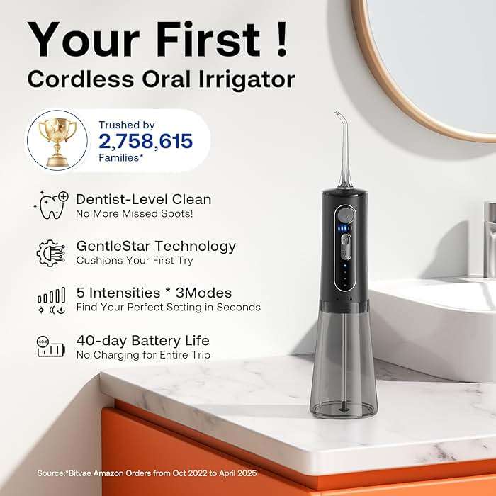 Bitvae Water Dental Flosser for Teeth, Cordless Water Teeth Cleaner Picks, 3 Modes 5 Intensities, IPX7 Waterproof, Rechargeable Water Dental Picks for Cleaning - Black - Image 2