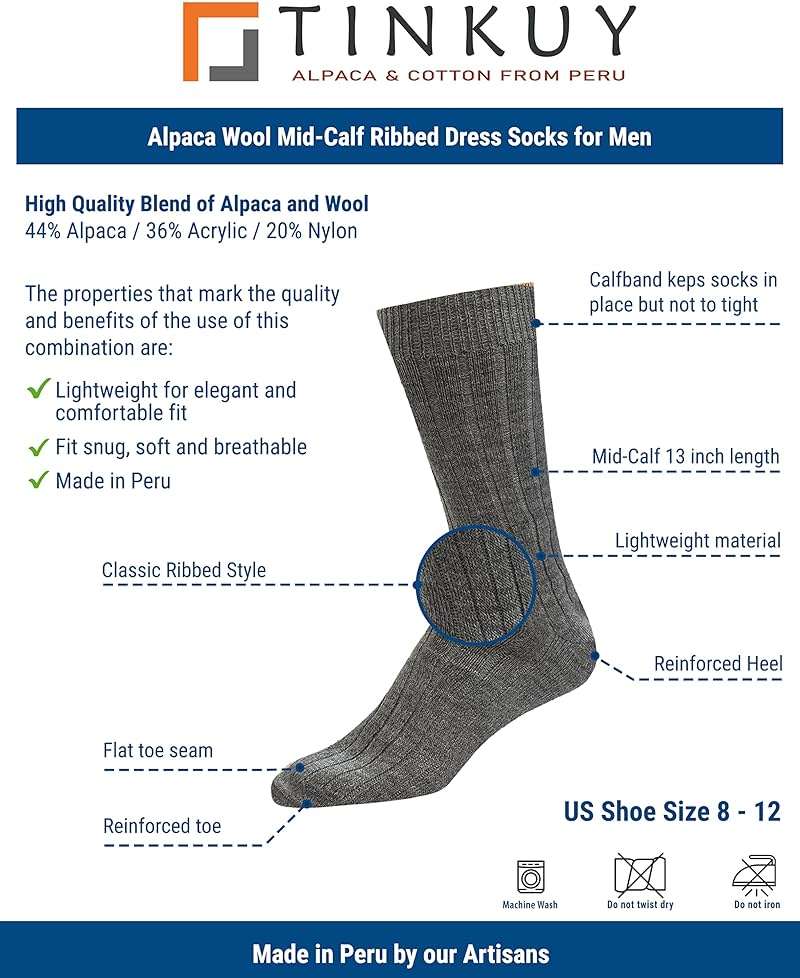 TINKUY PERU Ribbed Socks, Mid-Length Alpaca Wool Smart Dress Socks for Men, One Size - Image 4