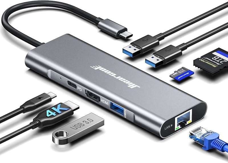 Hiearcool USB C Hub Ethernet 8-in-1, 4K@60Hz USB-C to HDMI Multiport Adapter with 1Gbps RJ45, 100W PD, 3 USB 3.0, SD/TF, Compatible for MacBook Pro/Air, Dell, Lenovo Laptops - Image 1