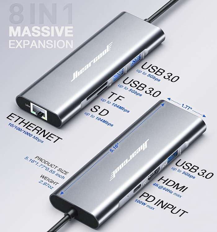 Hiearcool USB C Hub Ethernet 8-in-1, 4K@60Hz USB-C to HDMI Multiport Adapter with 1Gbps RJ45, 100W PD, 3 USB 3.0, SD/TF, Compatible for MacBook Pro/Air, Dell, Lenovo Laptops - Image 5
