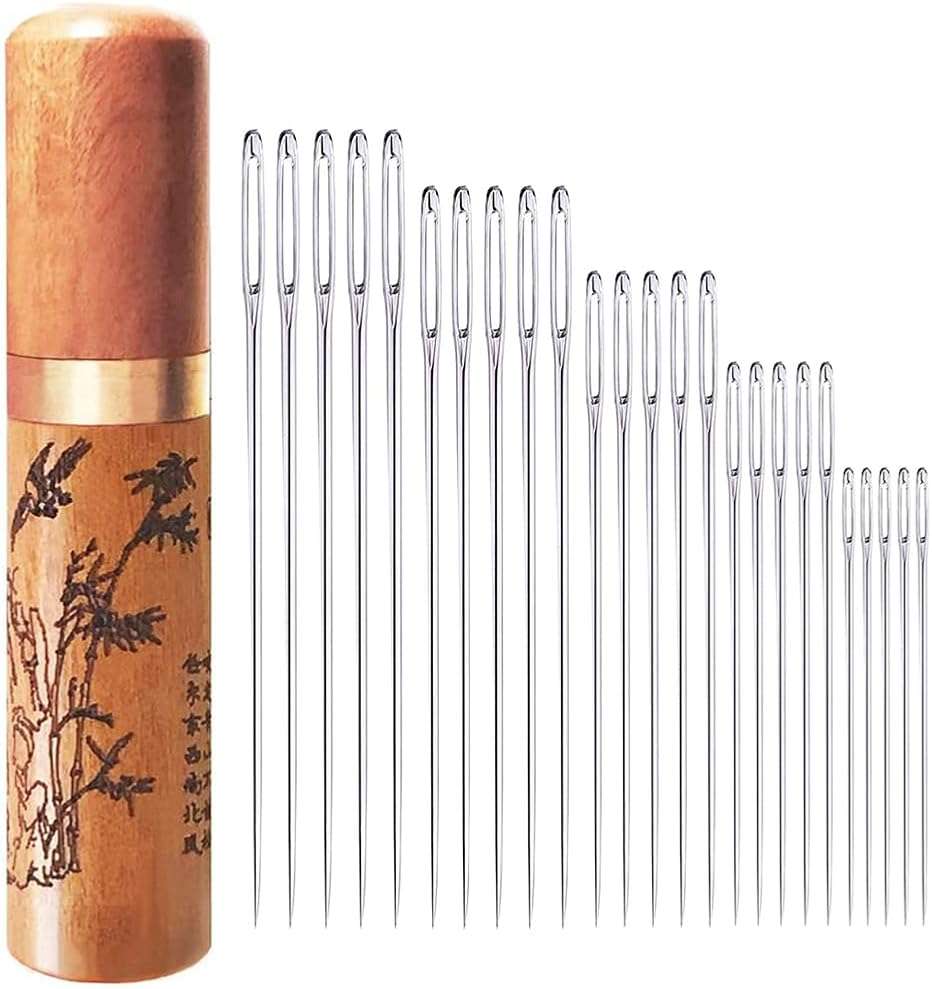 Large Eye Sewing Needles, Embroidery Needles, Stainless Steel, 25 Pieces Sharp Needles with Wooden Needle Case Carving Pattern - Image 1
