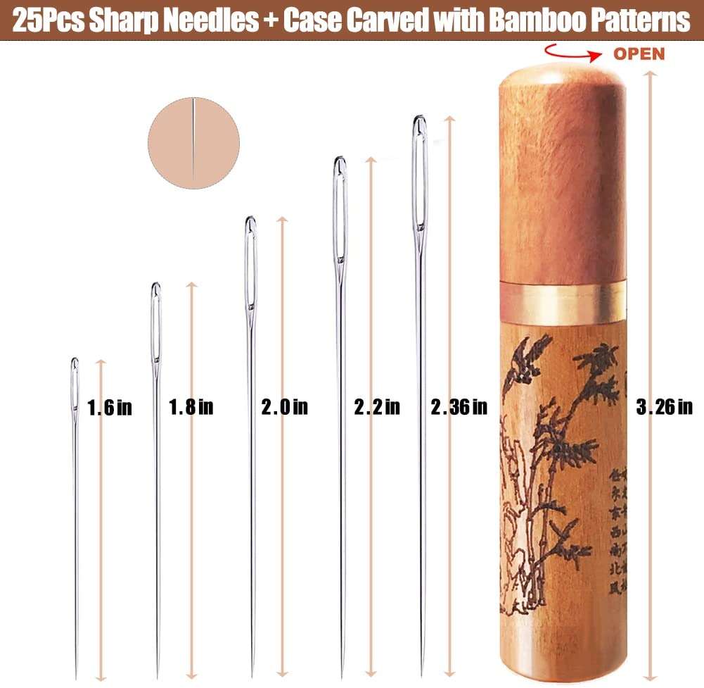 Large Eye Sewing Needles, Embroidery Needles, Stainless Steel, 25 Pieces Sharp Needles with Wooden Needle Case Carving Pattern - Image 4