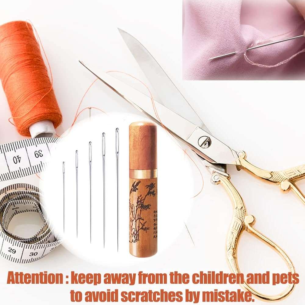 Large Eye Sewing Needles, Embroidery Needles, Stainless Steel, 25 Pieces Sharp Needles with Wooden Needle Case Carving Pattern - Image 5