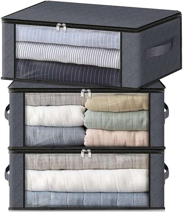 HomeHacks Storage 3-Pack Clothes Organizer Storage Bags Foldable Storage Box with Large Clear Window Sturdy Handles for Closet, Dorm, Pillows, Bedding, Clothes, Blankets, 35L, Gray - Image 1