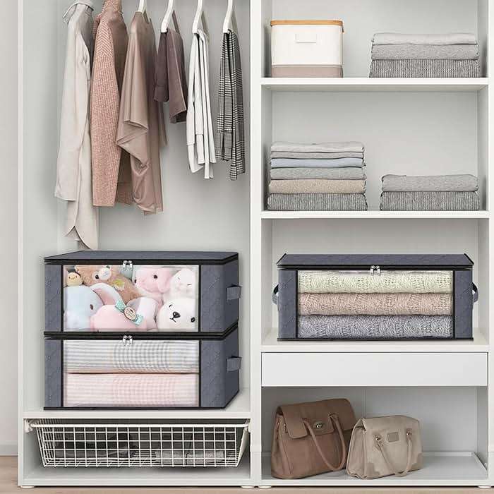 HomeHacks Storage 3-Pack Clothes Organizer Storage Bags Foldable Storage Box with Large Clear Window Sturdy Handles for Closet, Dorm, Pillows, Bedding, Clothes, Blankets, 35L, Gray - Image 2