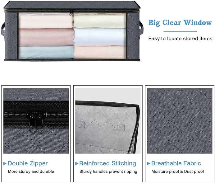 HomeHacks Storage 3-Pack Clothes Organizer Storage Bags Foldable Storage Box with Large Clear Window Sturdy Handles for Closet, Dorm, Pillows, Bedding, Clothes, Blankets, 35L, Gray - Image 4