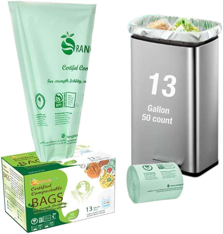OrangeBio 13 Gallon Compostable Trash Bags, 50 Count, 0.9 Mil Extra Thick Tall Kitchen Bags for Food Waste & Compost, BPI ASTM D6400 & OK Compost Home Certified - Image 1