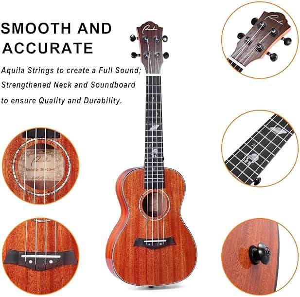 Ranch Concert Ukulele 23 inch Solid Top Ukelele Kit Professional Small Hawaiian Guitar Ukalalee Starter Pack Bundle Gig bag, Tuner, Strap, Aquila String Set, 12 Online Lessons - Glossy - Image 3