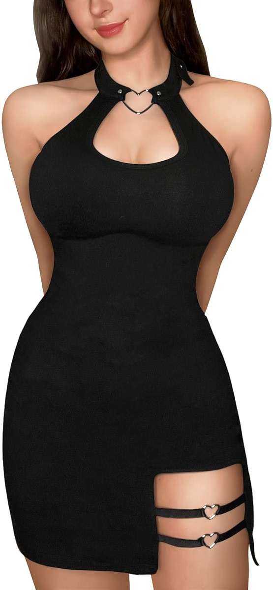 PrettyInCuffs Women Cotton Overall Vampy Collared Bodycon Mini Dress Skirt - Image 1